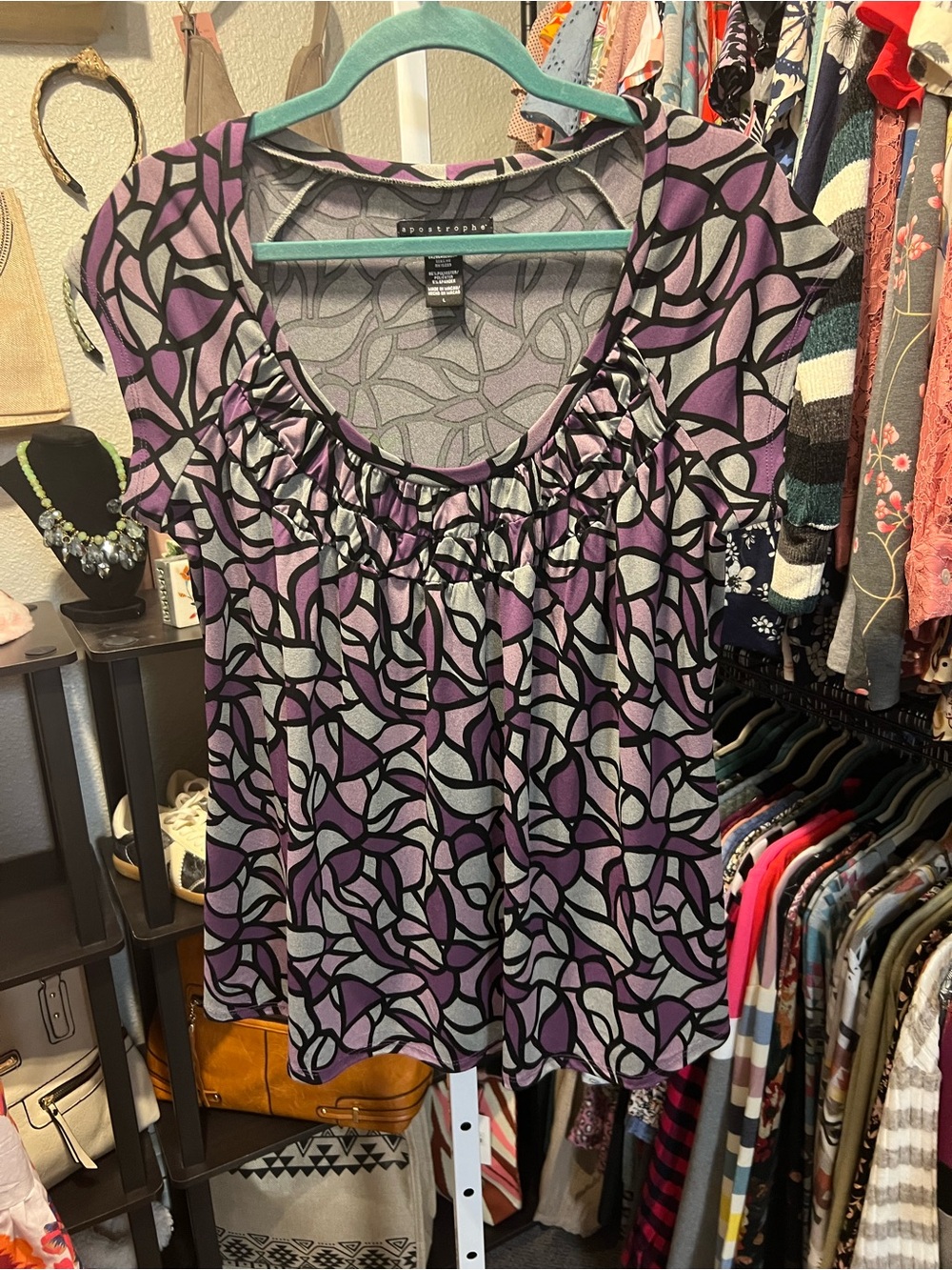 Apostrophe Purple and Gray Short Sleeve Scoop Neck Blouse
